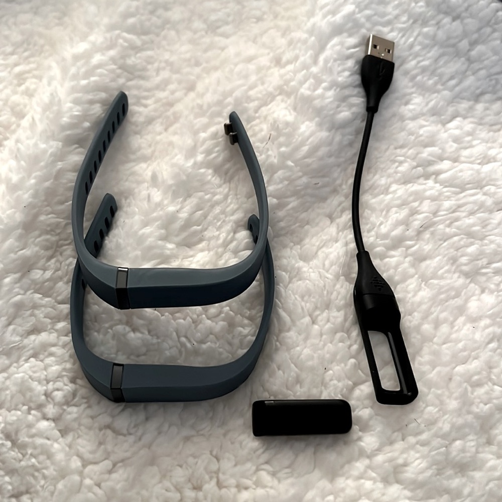 Fitbit with charger and two size grey straps